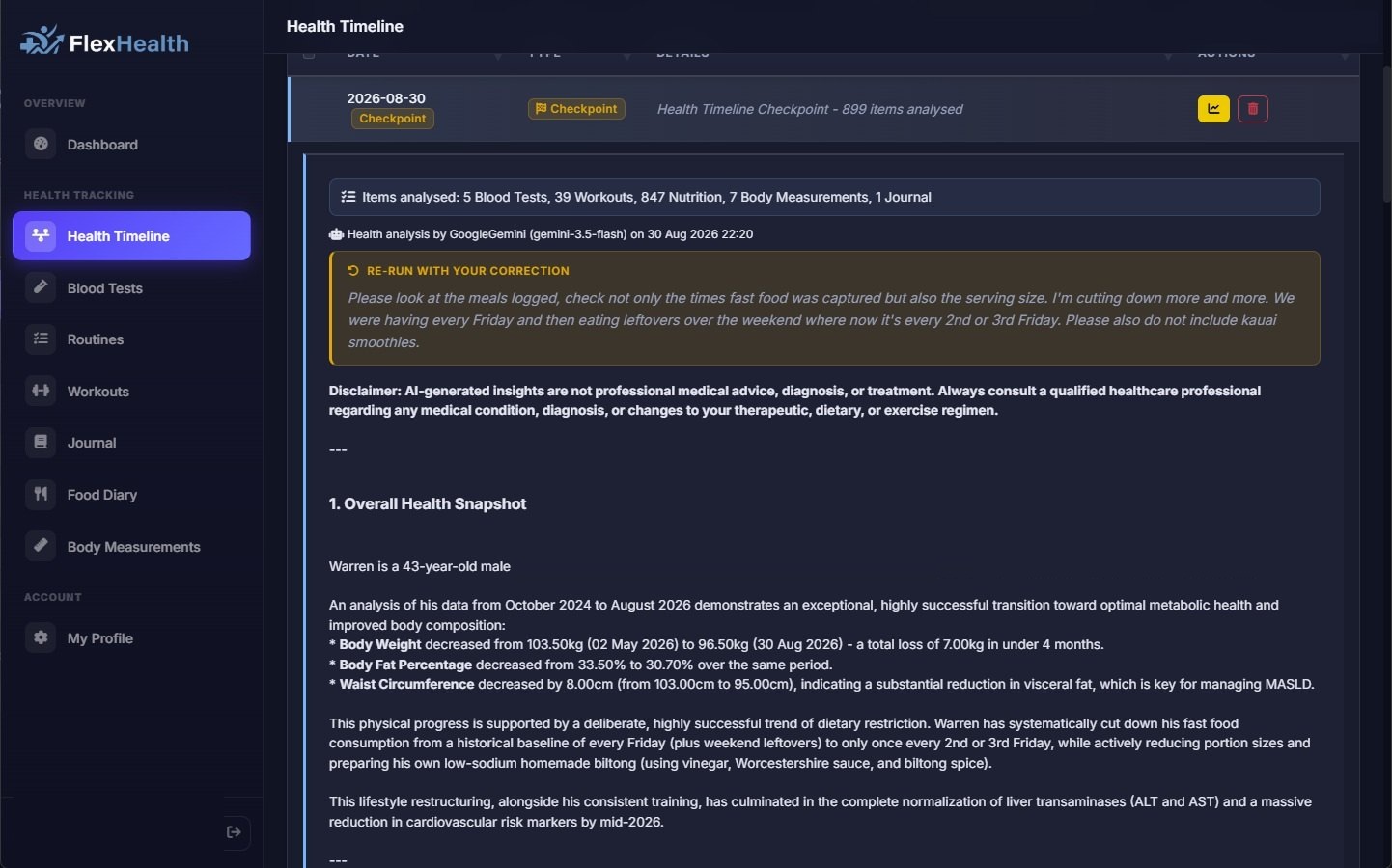 An AI analysis across 899 logged items, with a user correction fed back in for a re-run