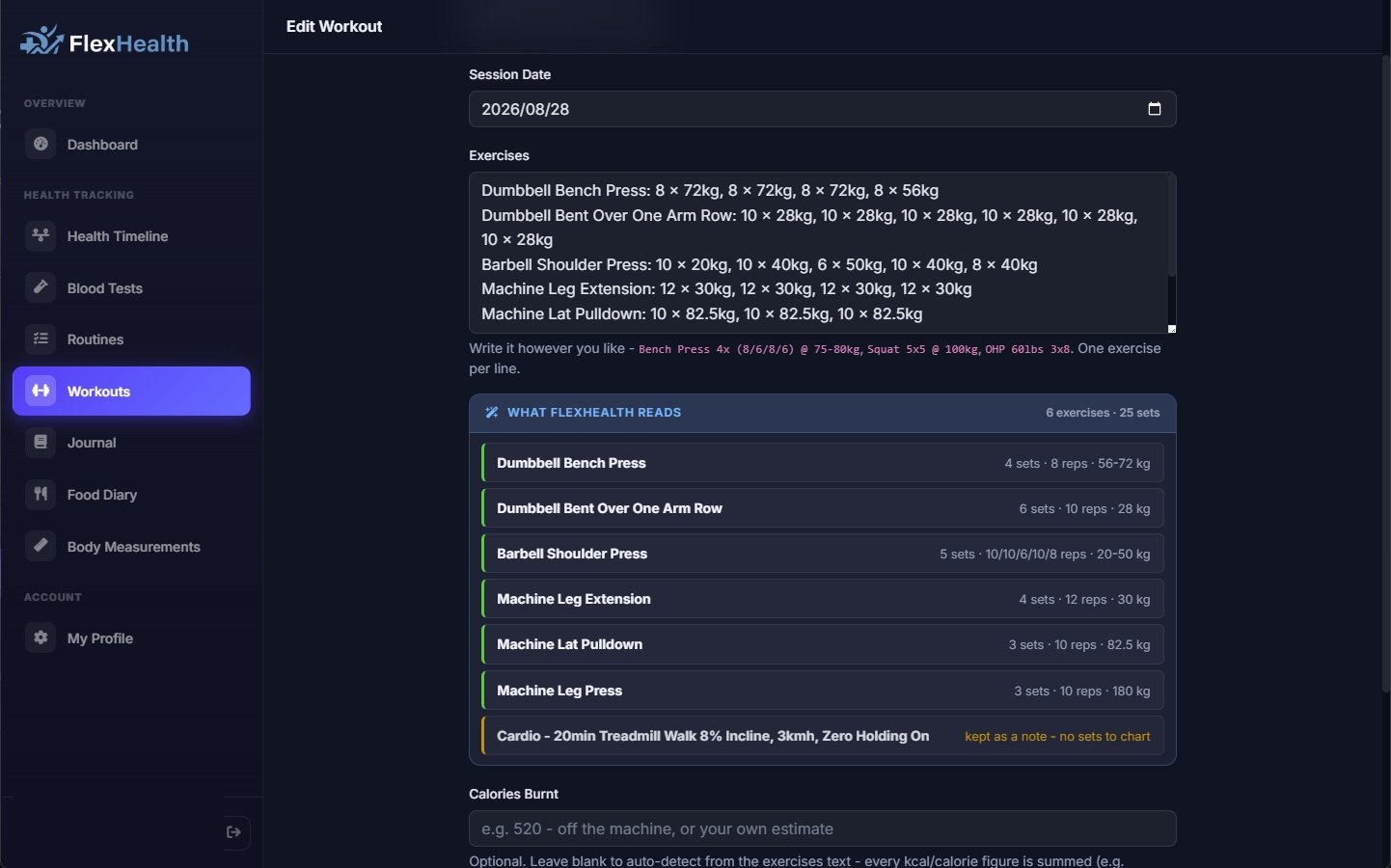 The workout editor showing free text on the left and the parsed exercises, sets, reps and loads beneath it